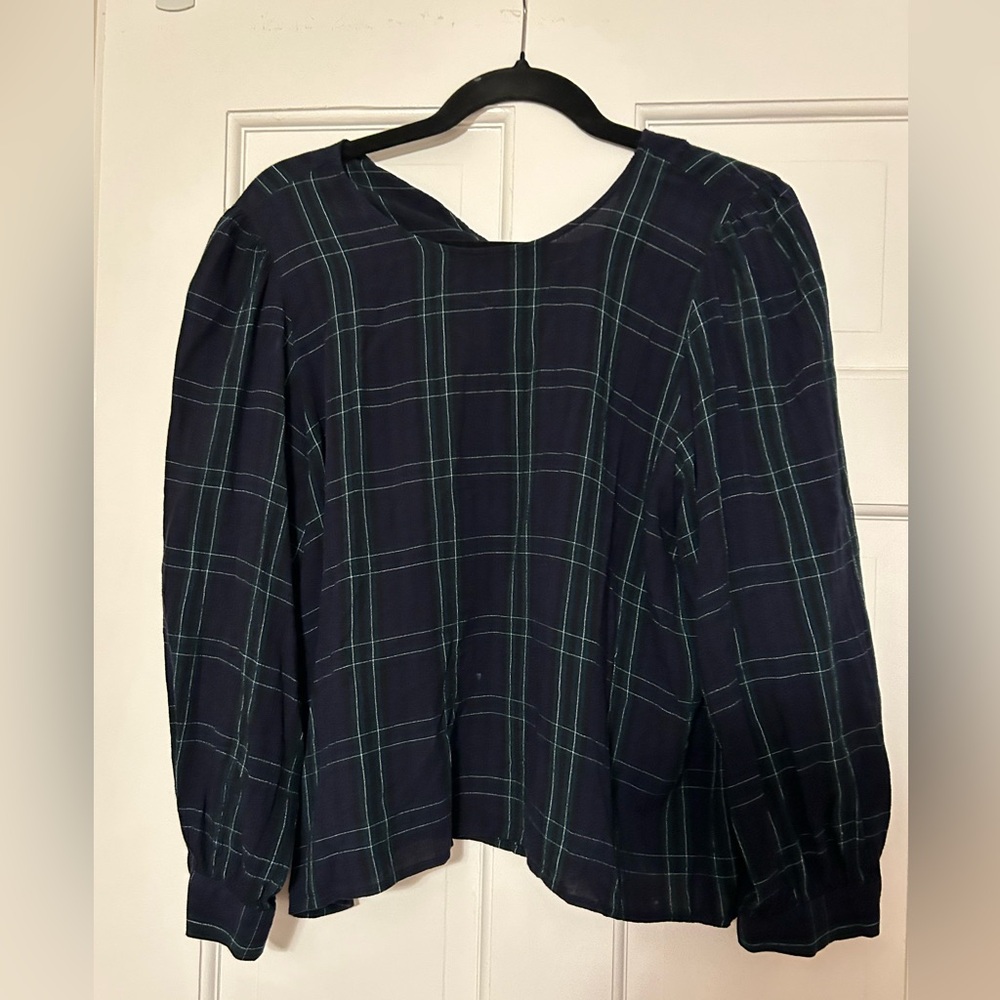 Zara Navy and Green Plaid Blouse